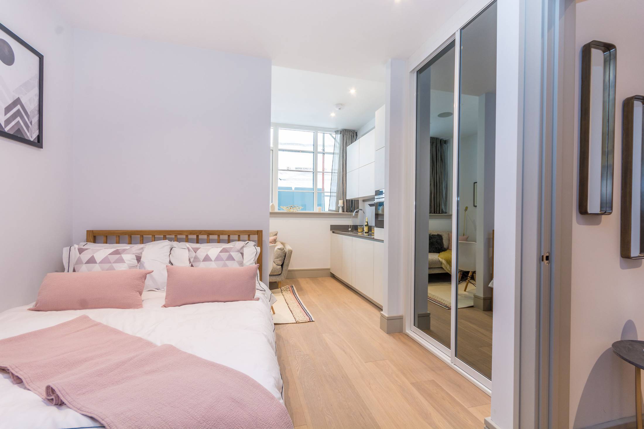 Cheviot House, Whitechapel, London E1, interior, comfortable bedroom space, studio living